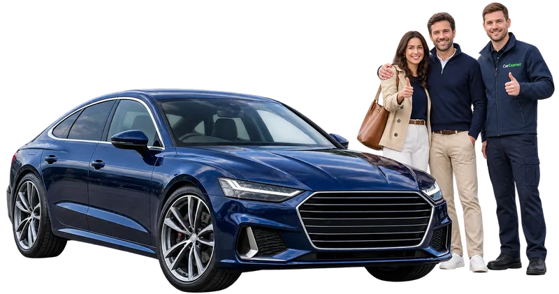 CarExamer customers and vehicle inspector beside a used car