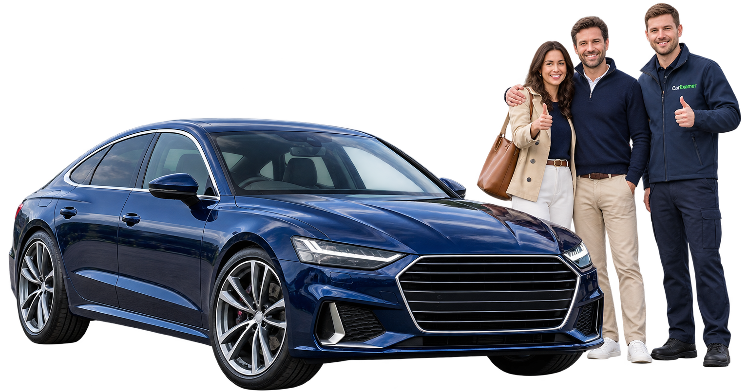 CarExamer customers and vehicle inspector beside a used car