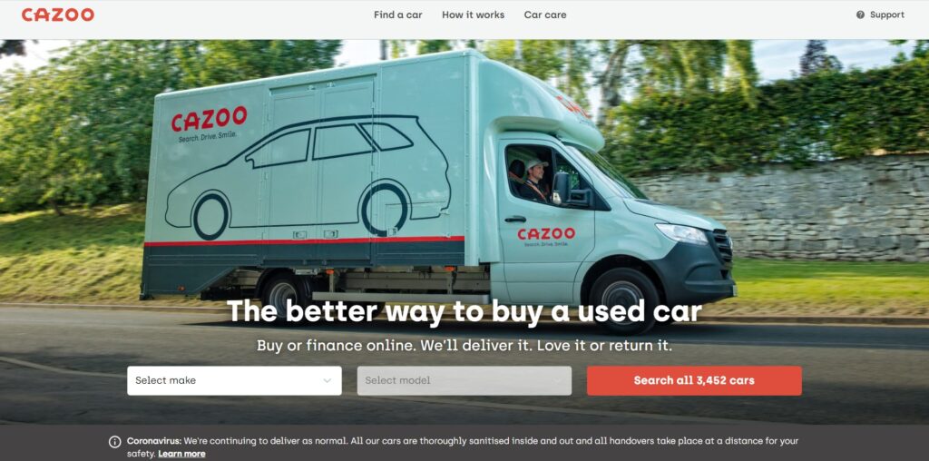 Screenshot of the Cazoo homepage