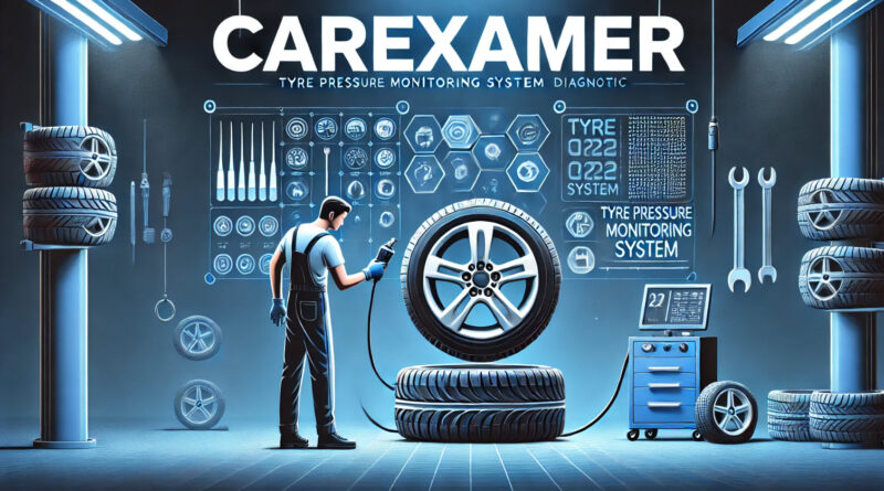 Tyre Pressure Monitoring System. generate picture with CAREXAMER at the top of the image and CAREXAMER with caps ON. don't overexaggerate picture simplify blue background