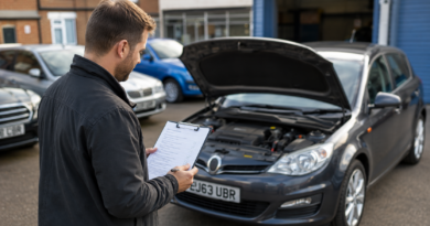 Buyer using a used car checklist during a vehicle viewing