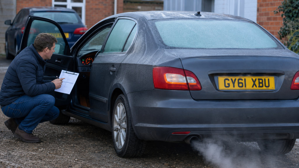 Buyer checking dashboard warnings and exhaust during a cold start