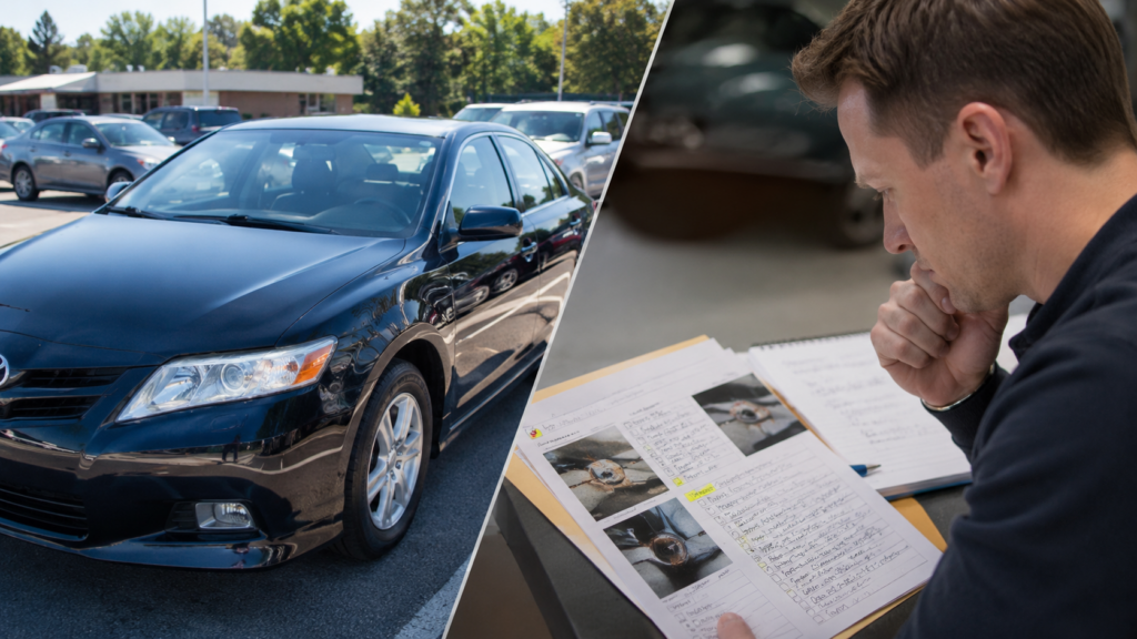 Buyer comparing an attractive used car with written warning signs