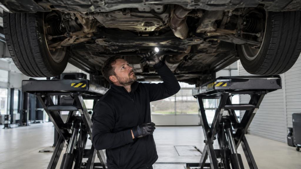 Inspector checking a used car for leaks, corrosion and suspension wear