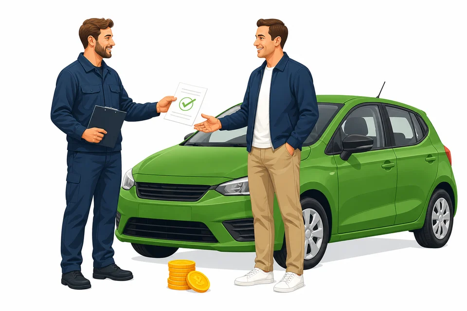 An inspector handing a completed report to a car buyer, with coins representing referral commission