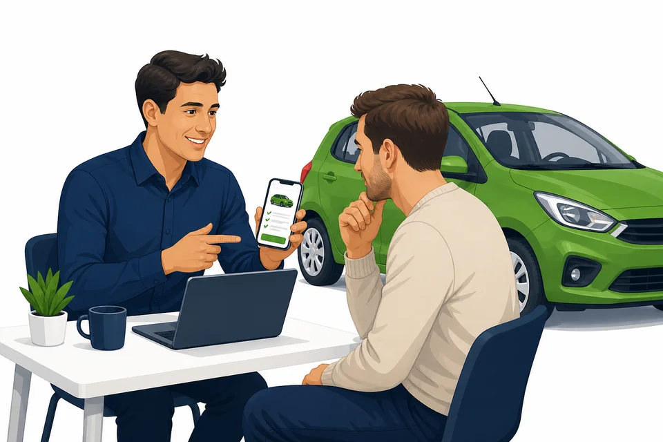 An affiliate showing a car buyer an inspection referral on a phone
