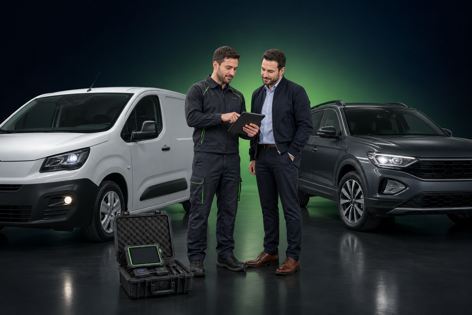 Vehicle inspector reviewing fleet vehicles with a business fleet manager