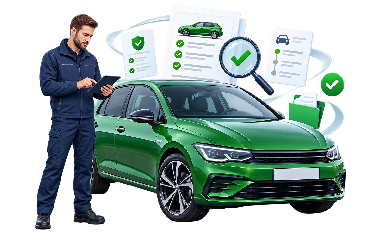 A vehicle-data specialist reviewing car records on a tablet