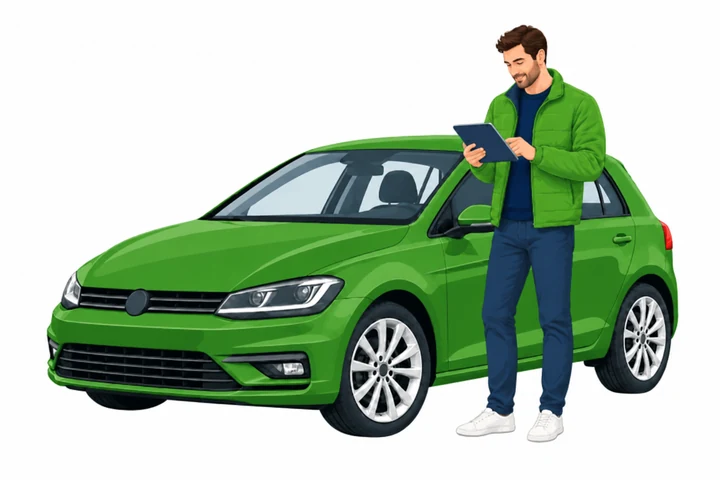 A buyer reviewing a report beside a car
