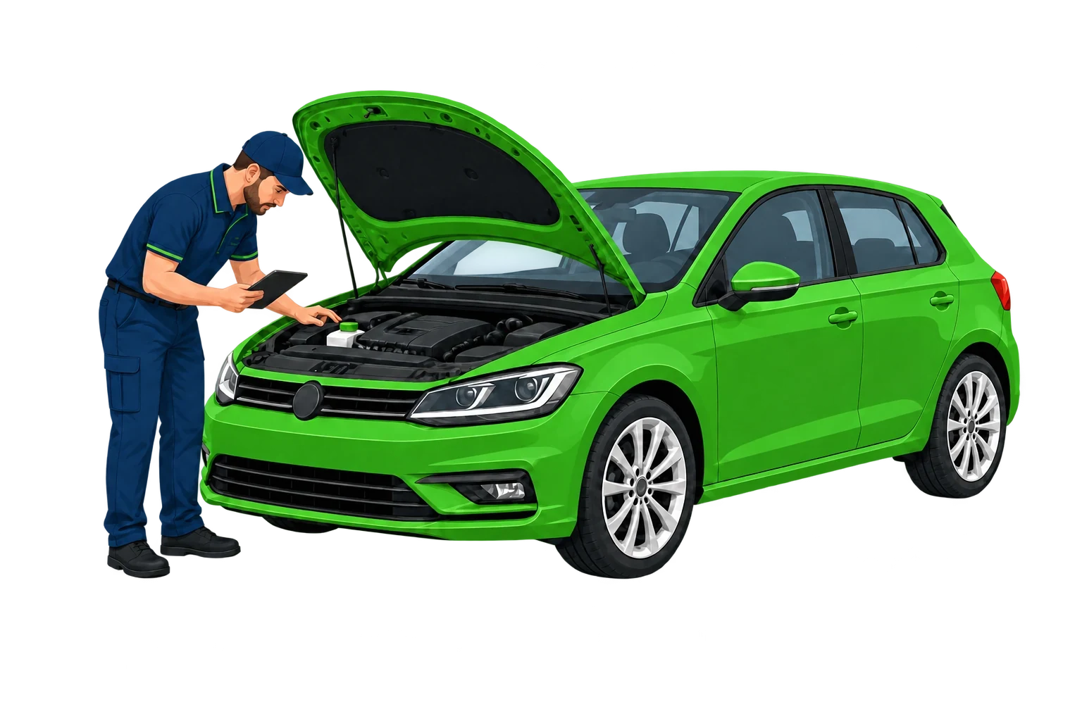 A mobile vehicle inspector examining a used car