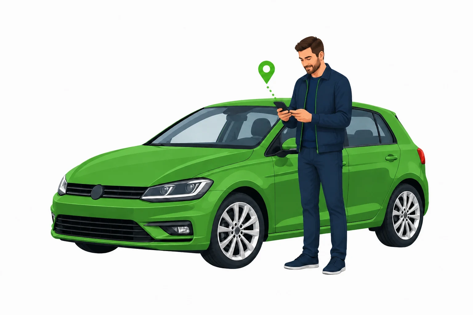Car buyer booking an inspection beside a used car