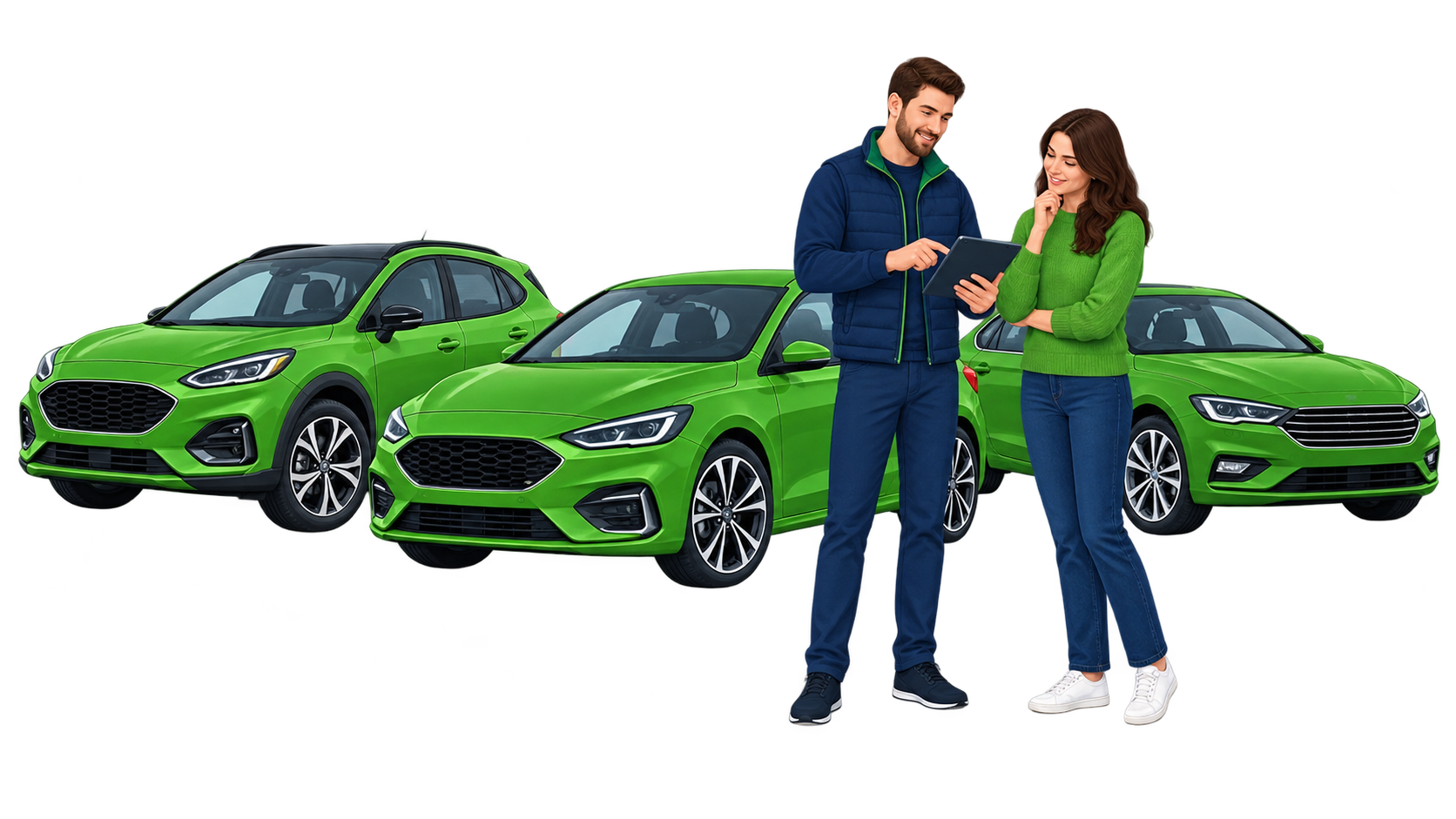 Automotive professionals reviewing vehicles together