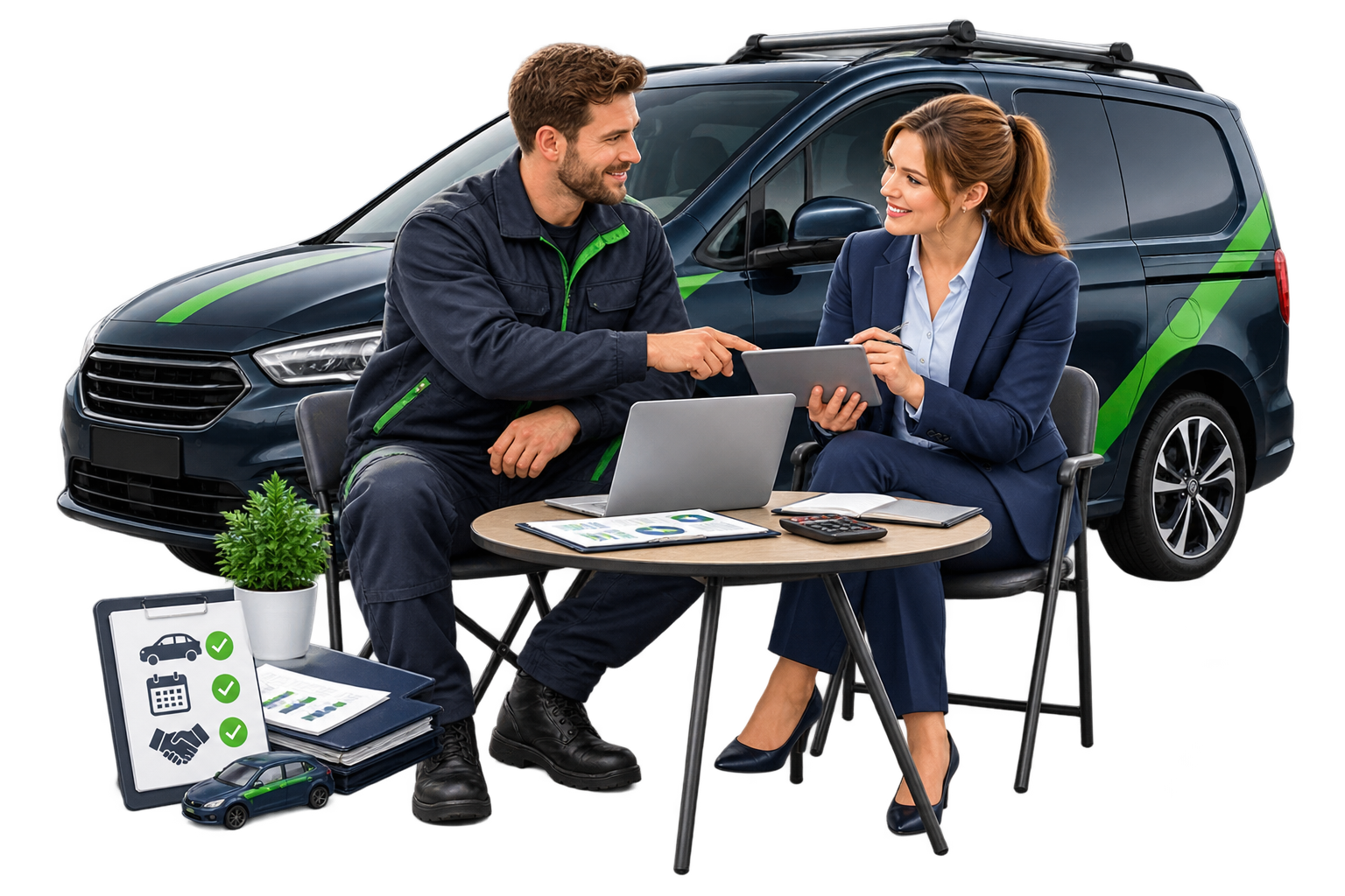 Mobile mechanic discussing financing with a business adviser