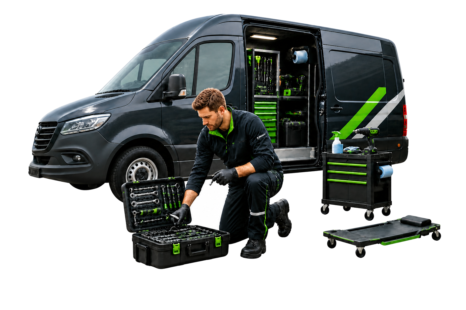 Mobile mechanic, service van and tools isolated on a transparent background