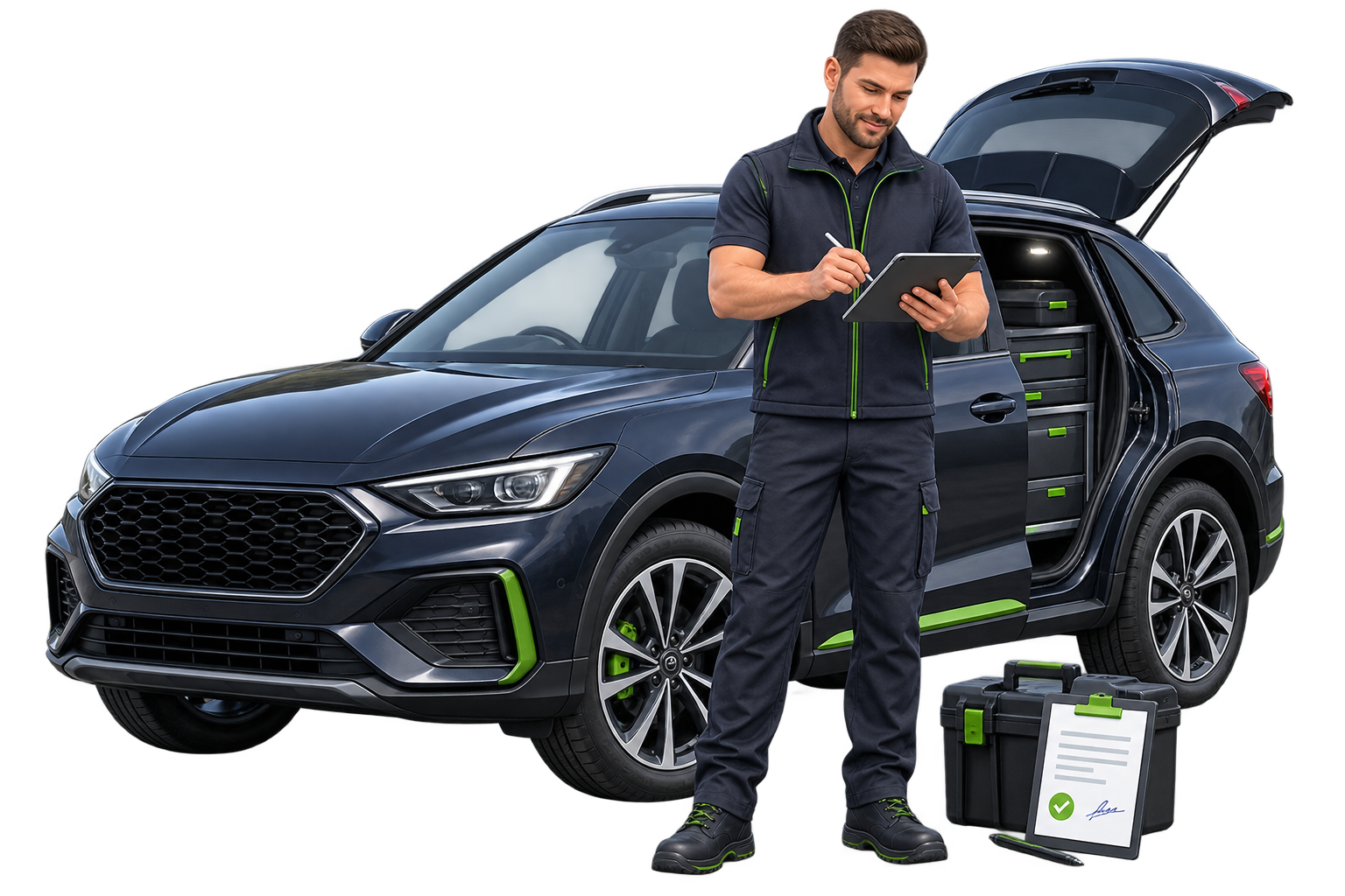 Mobile mechanic completing licence documentation beside a service vehicle