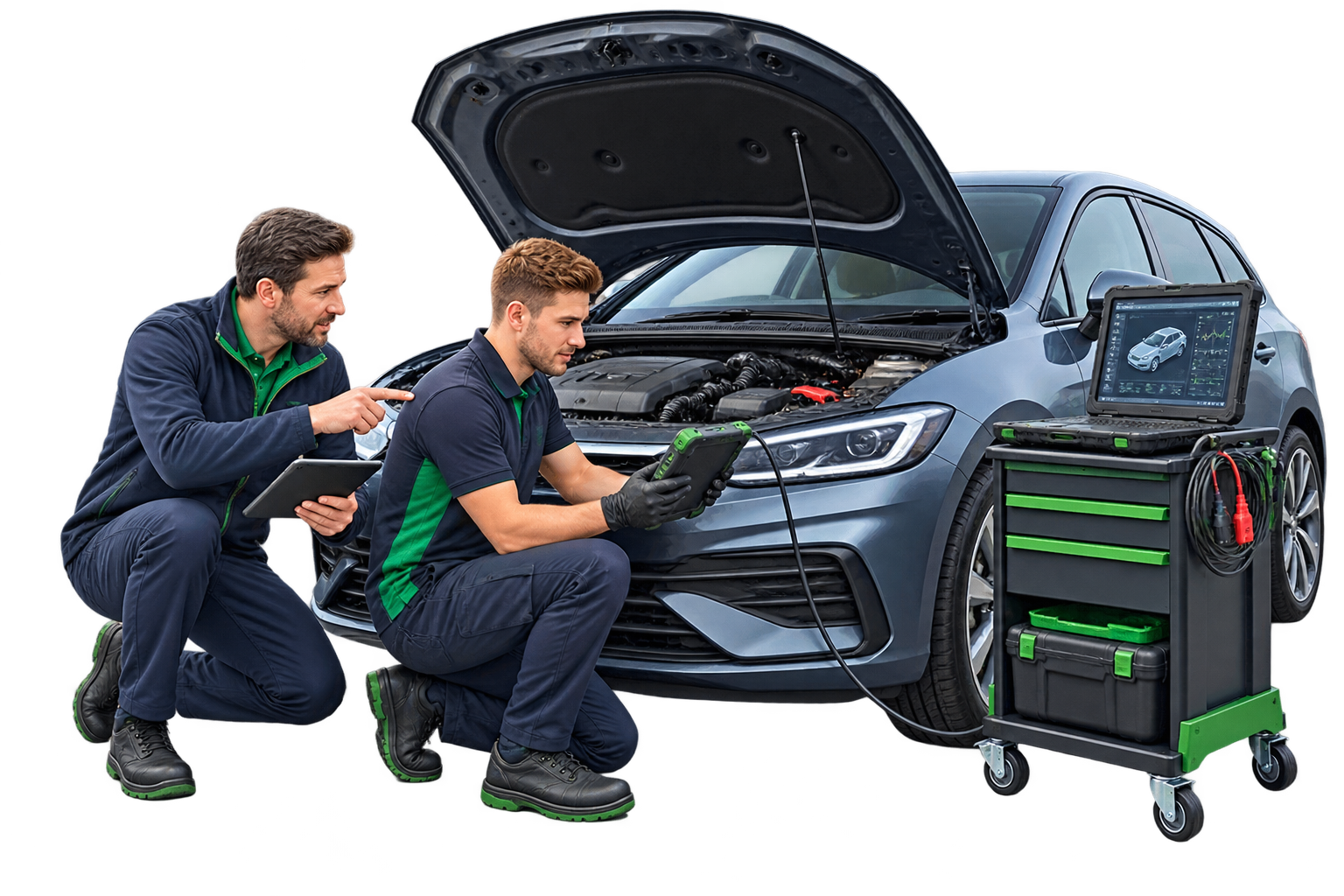 Automotive trainer guiding a mobile mechanic through diagnostics