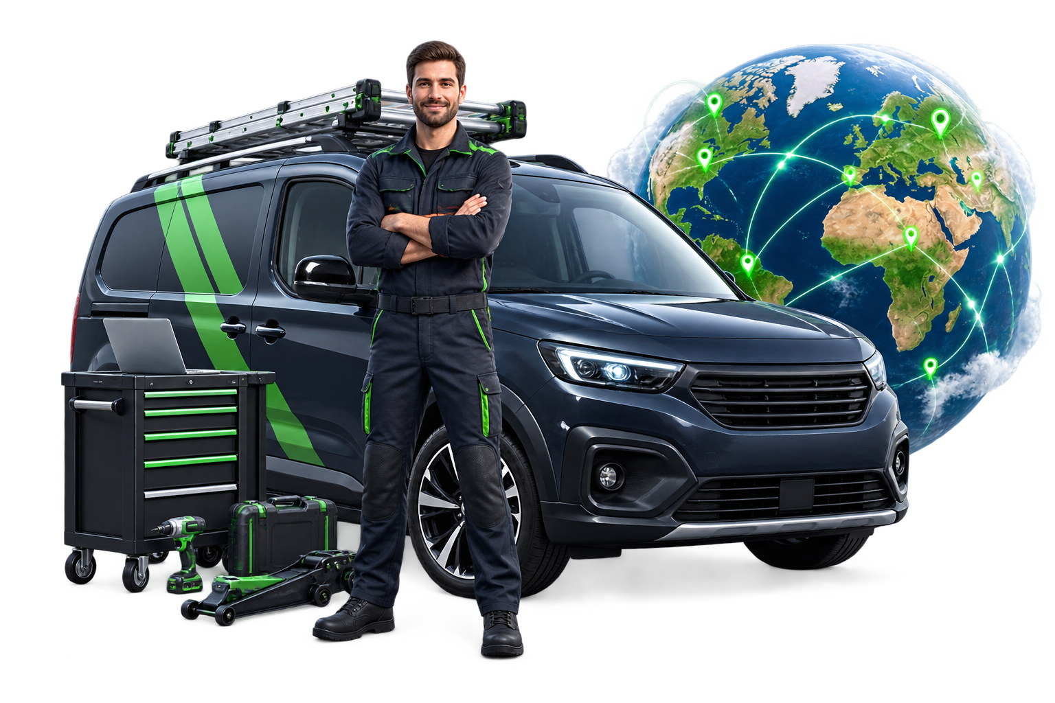 Mobile mechanic and service vehicle representing worldwide availability