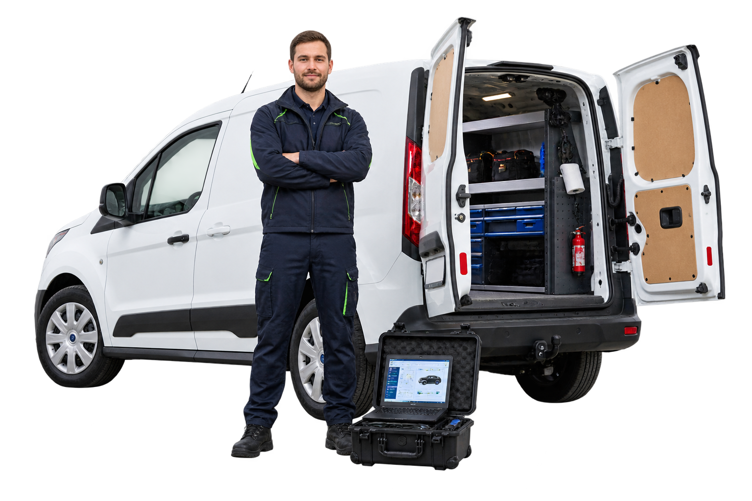 Mobile mechanic beside an equipped service van and diagnostic equipment
