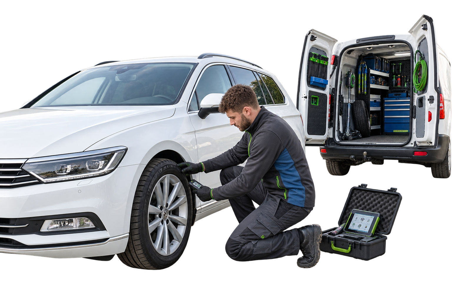 Mobile mechanic with tools beside a customer vehicle