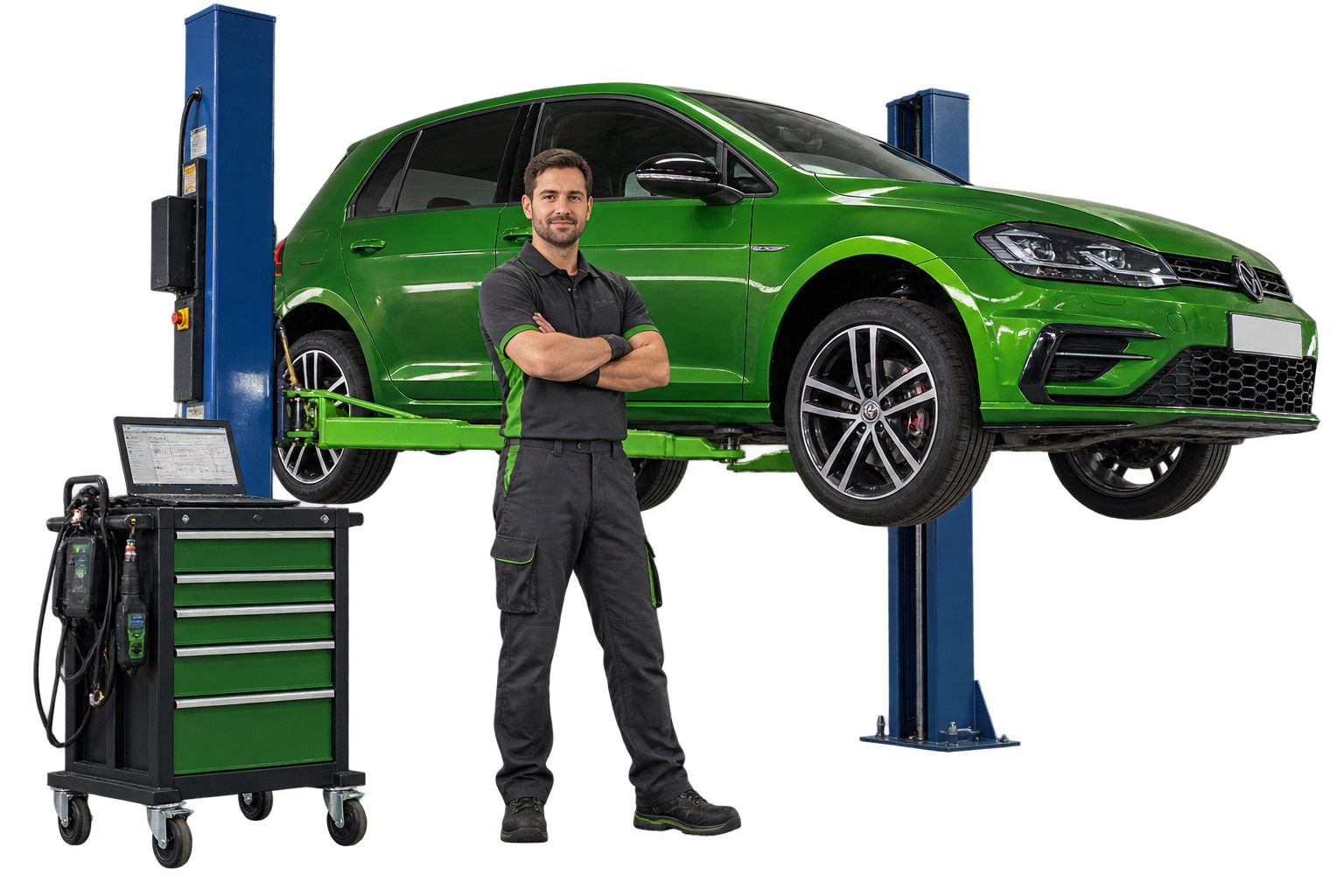 Workshop owner beside a vehicle lift and professional diagnostic equipment