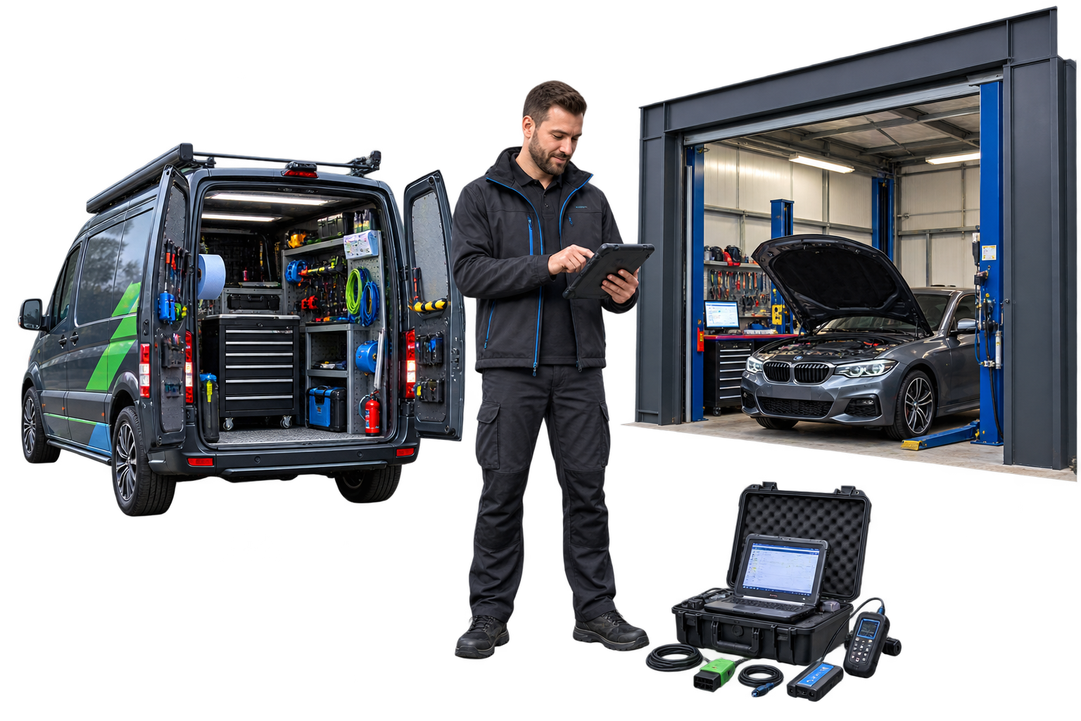 Automotive professional equipped to operate from a mobile van or workshop