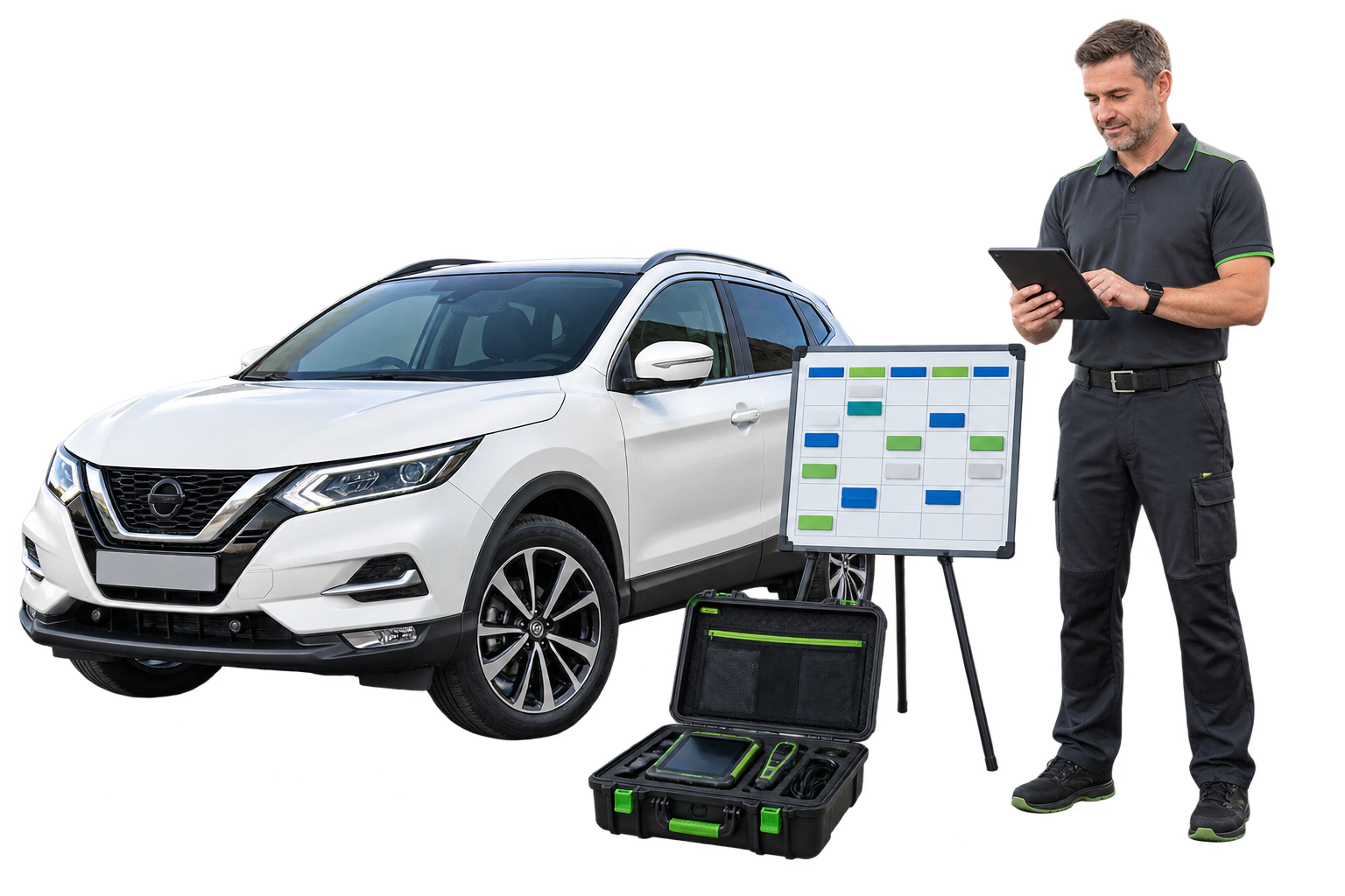 Automotive business owner organising work with a tablet and planning board
