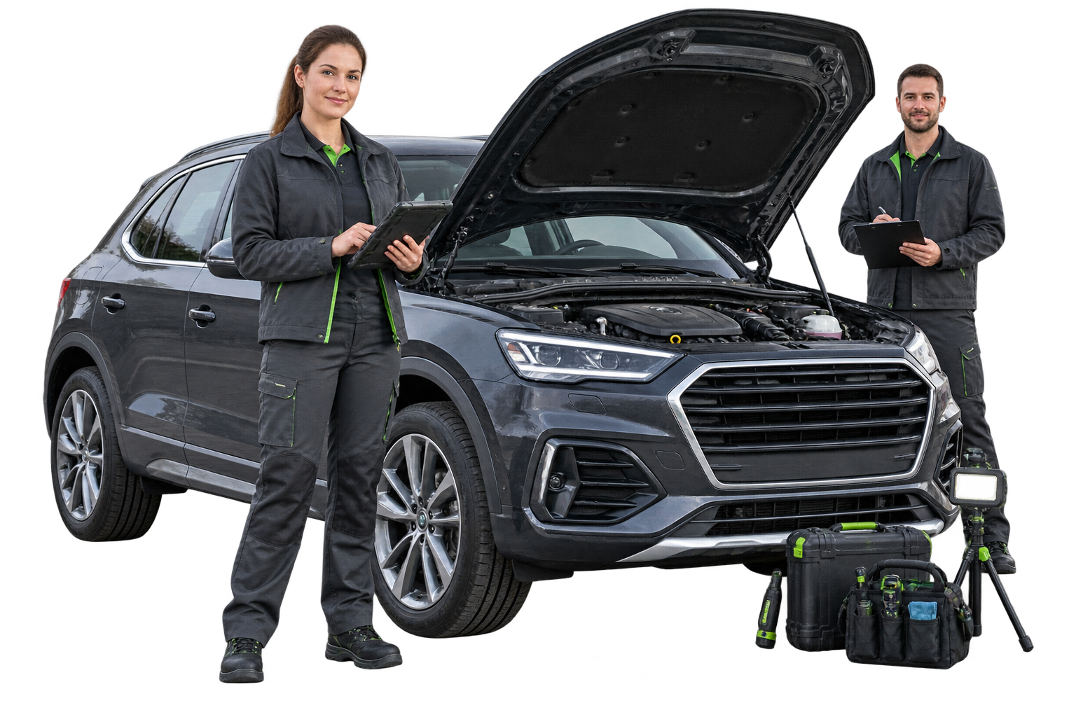 Vehicle inspection professionals working beside a car with inspection equipment
