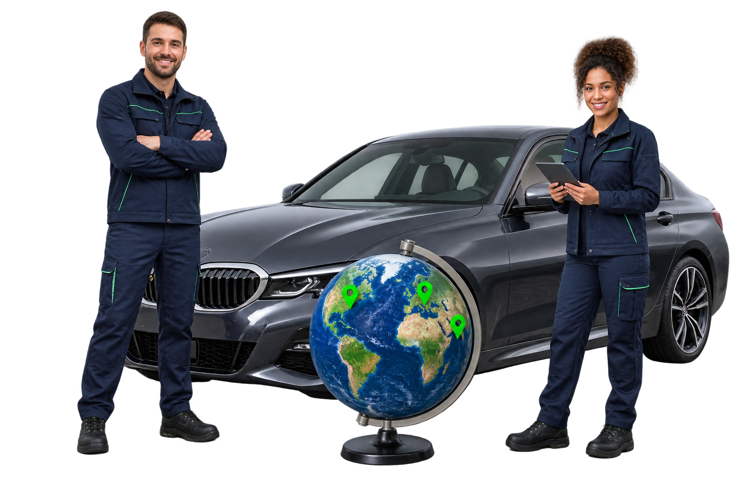 Workshop professionals beside a car and globe representing worldwide franchise locations