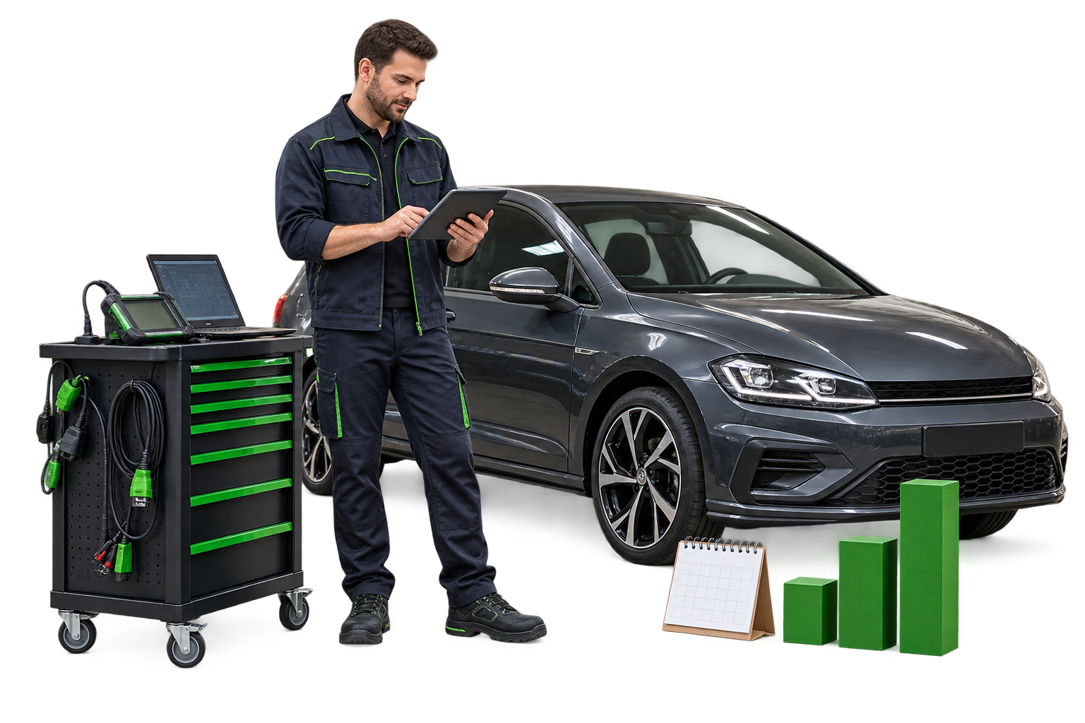 Workshop owner reviewing franchise costs and business performance on a tablet
