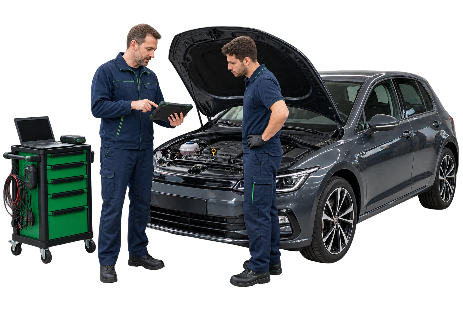 Automotive trainer guiding a workshop technician through vehicle diagnostics