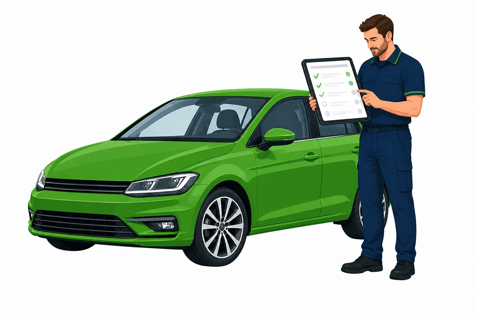 A vehicle specialist reviewing official car information on a tablet