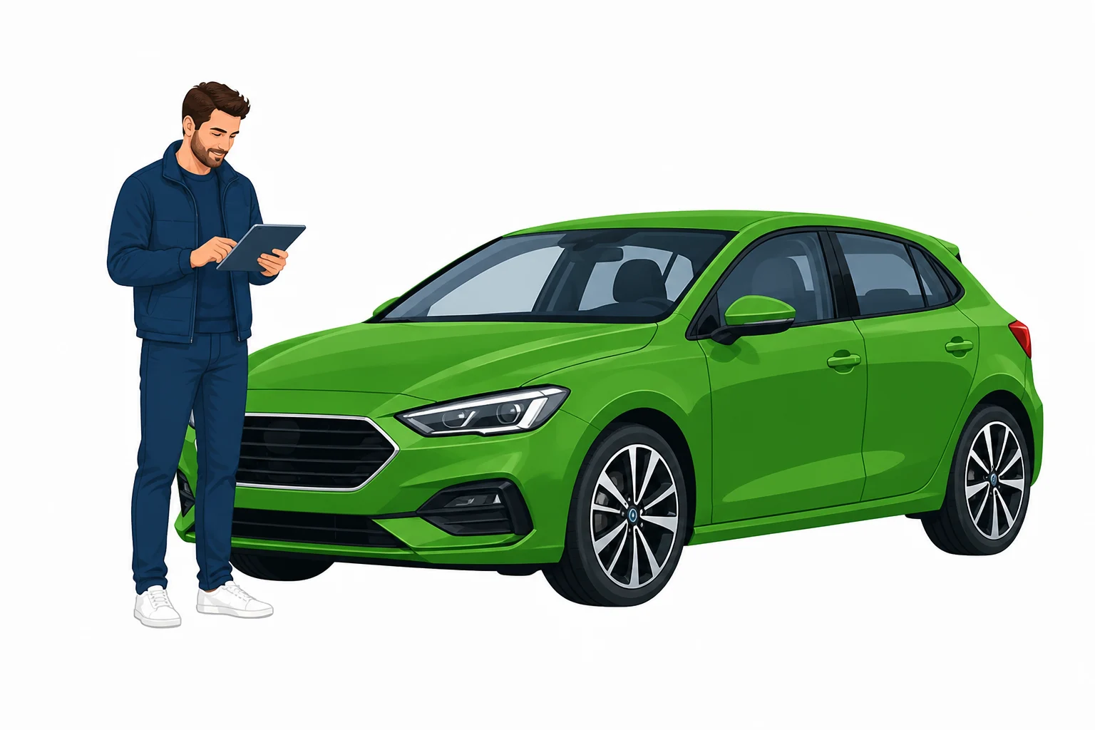 A used-car buyer entering a registration while standing beside a green car