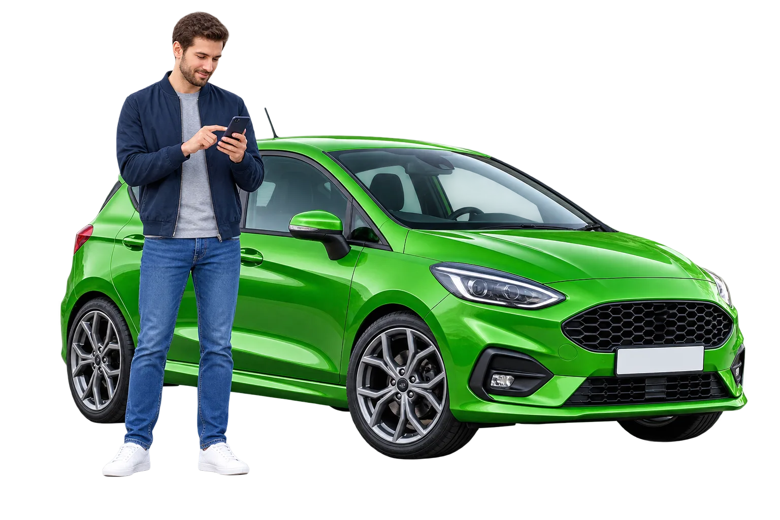 A used-car buyer entering a registration beside a green car