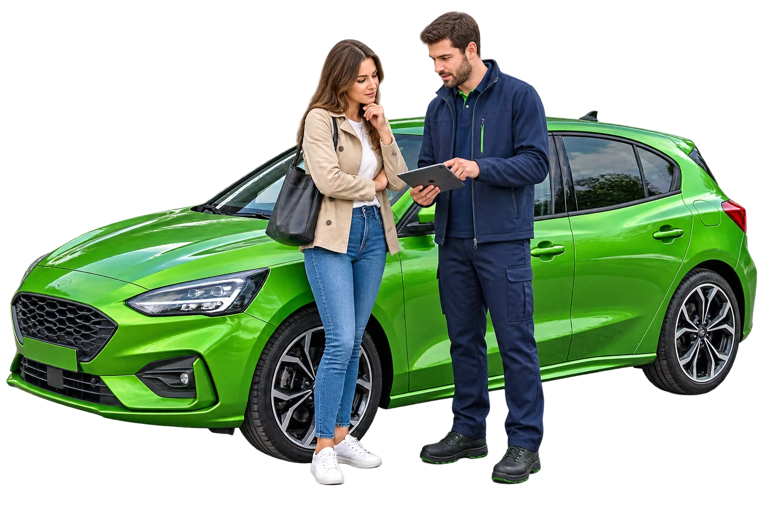 A buyer discussing MOT findings with a vehicle inspector