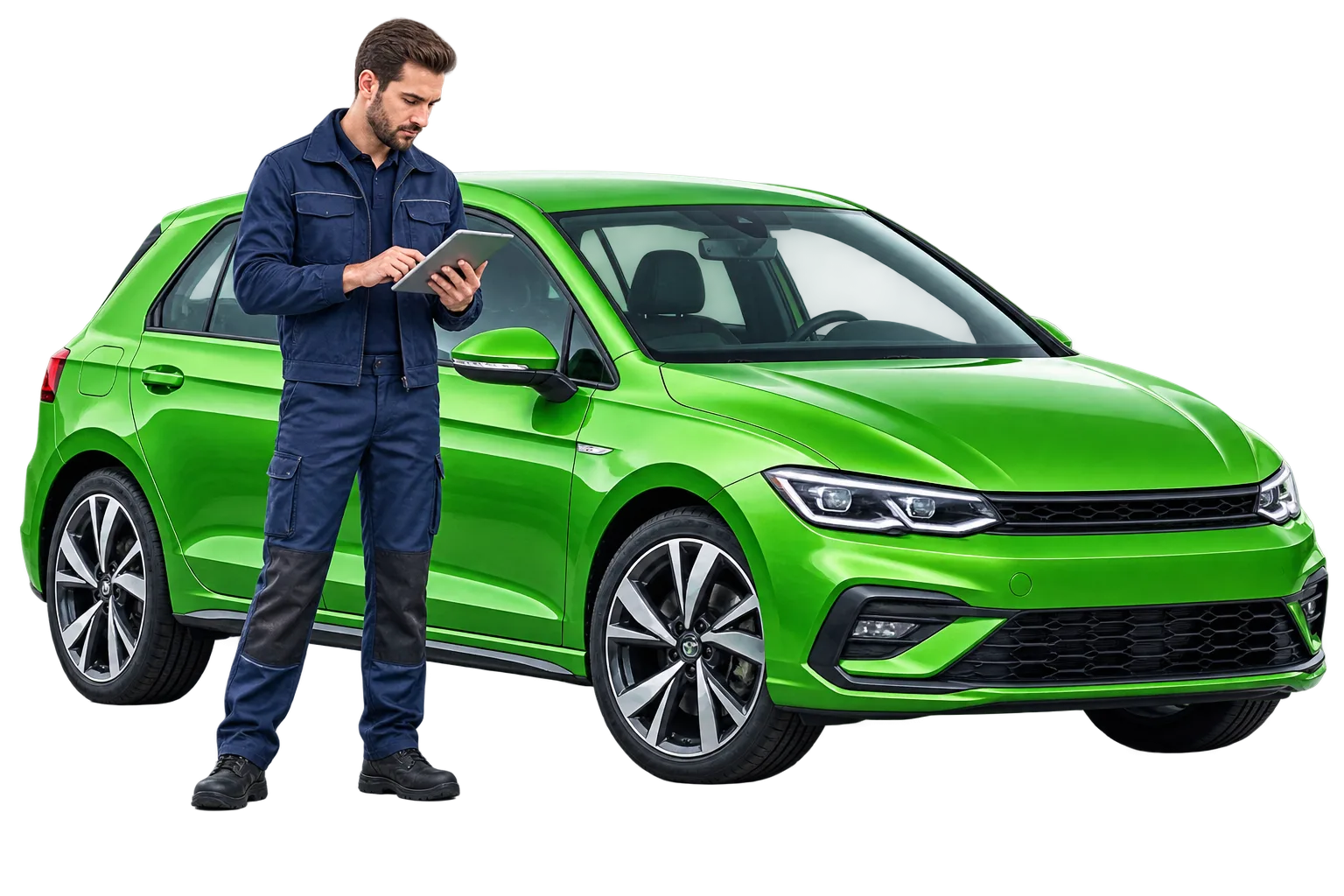 A vehicle specialist reviewing MOT records beside a green car