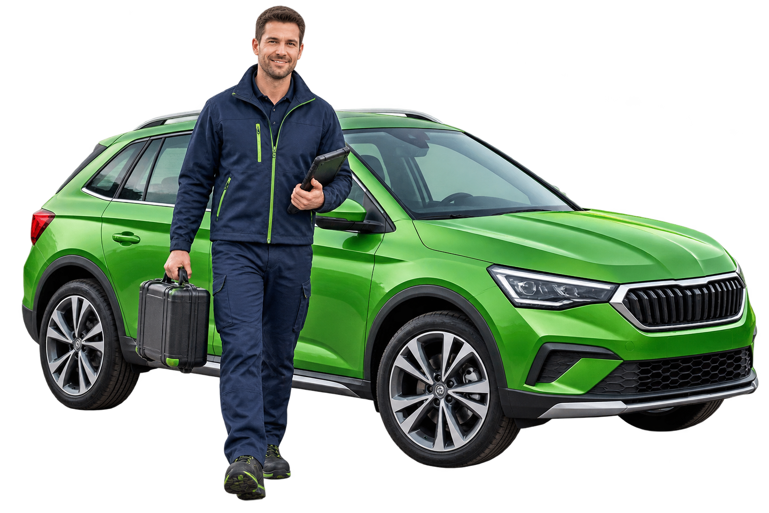 A mobile vehicle inspector arriving with inspection equipment