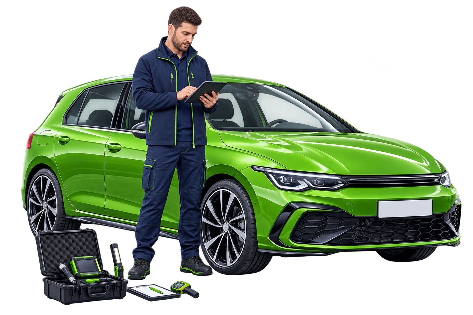 A professional vehicle inspector completing a digital inspection report