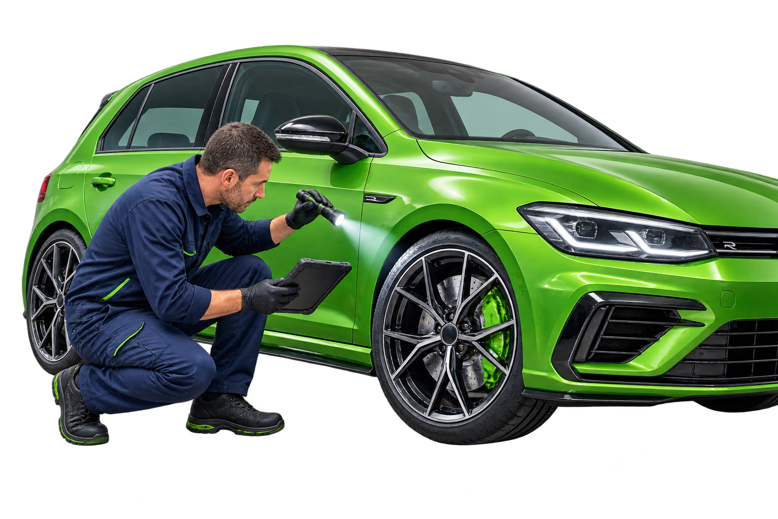 A vehicle inspector examining a wheel and bodywork with professional tools