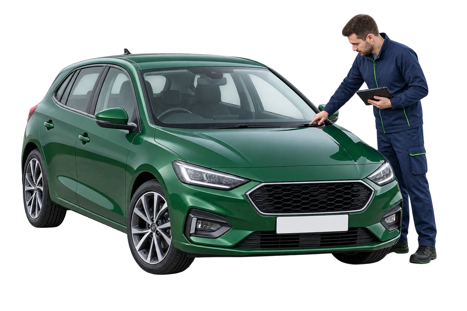 A technician checking vehicle identification details beside a green car