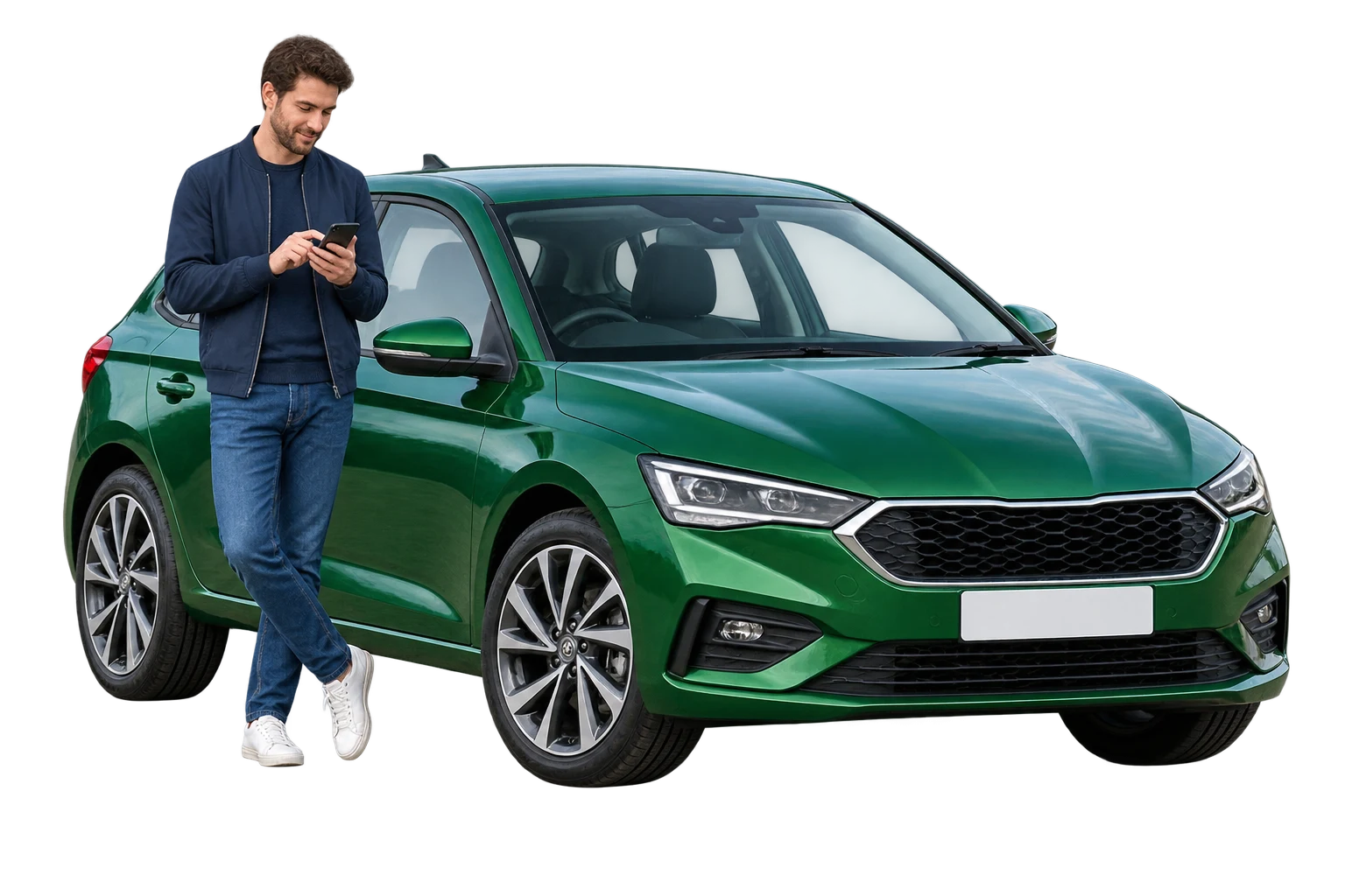 A vehicle owner entering a registration beside a green car