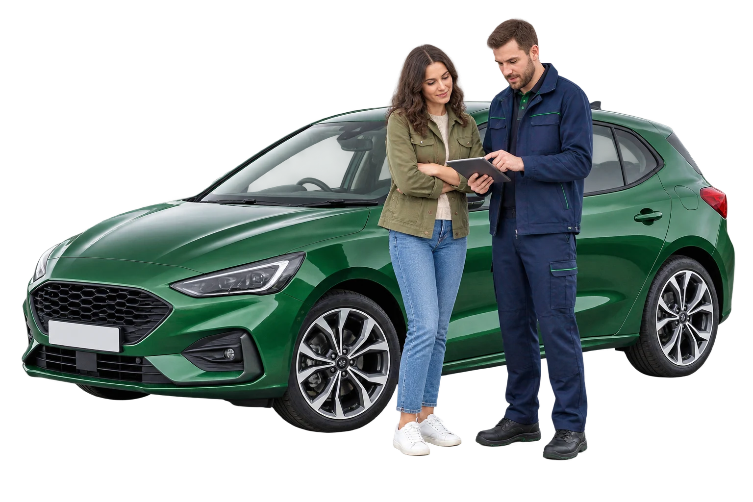 A customer reviewing vehicle recall information with a technician